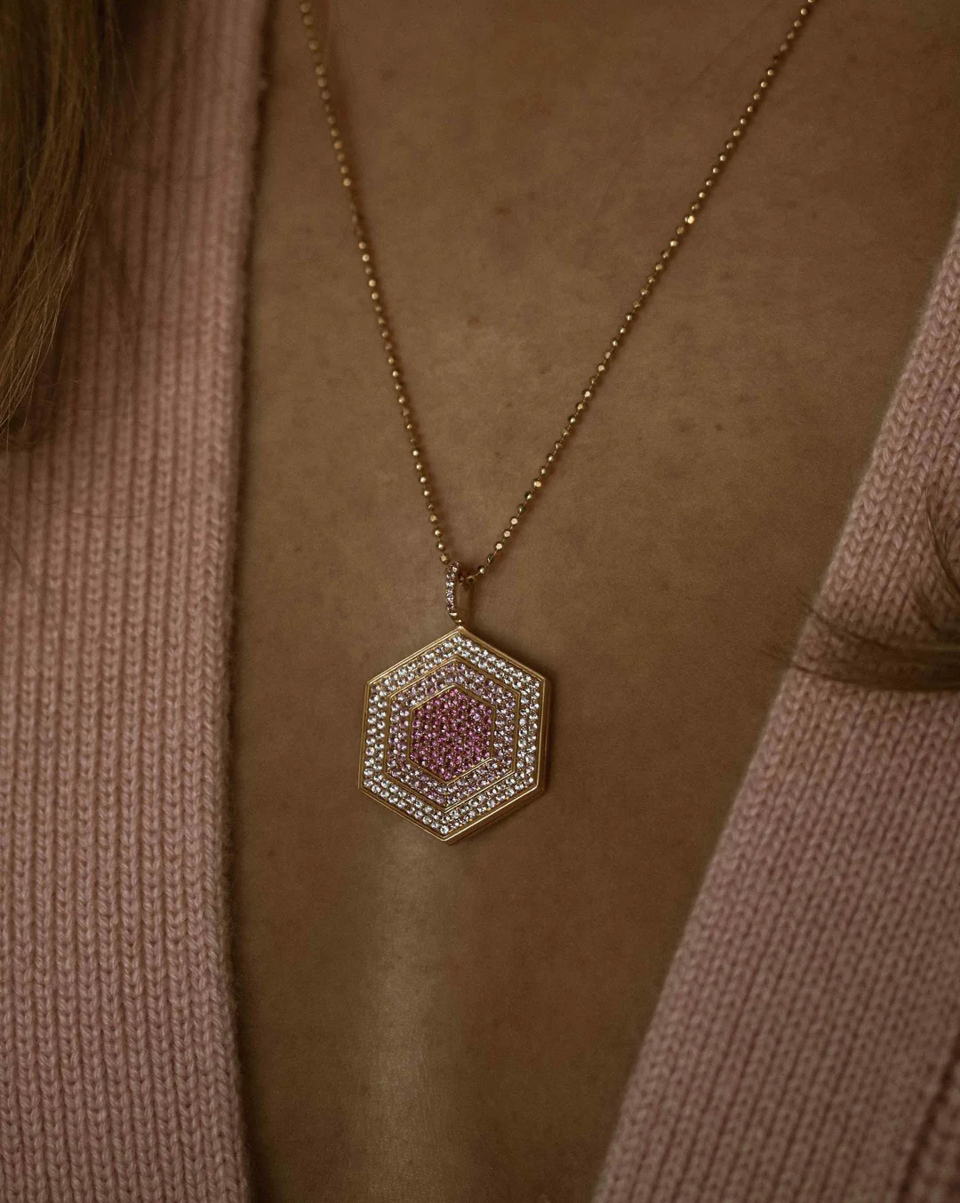 18KY Pink Sapphire Hypnotique Hexagon Locket | Susan Saffron Jewelry