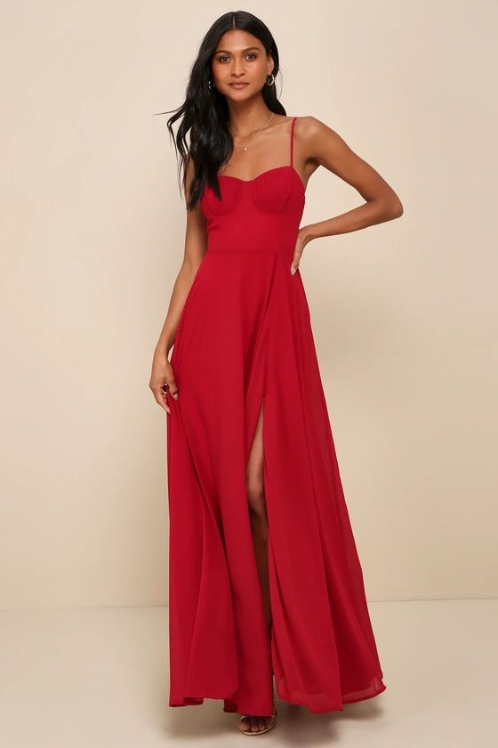 Cause for Commotion Red Pleated Bustier Maxi Dress | Lulus