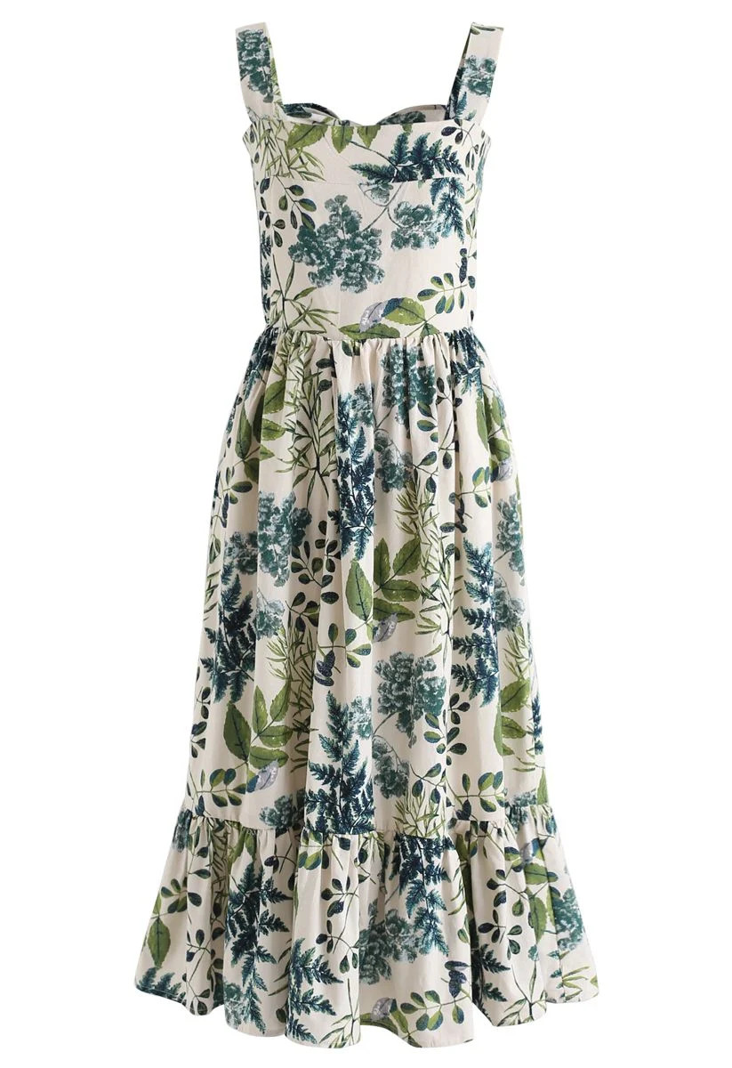 Natural Leaves Printed Linen-Blend Dress | Chicwish