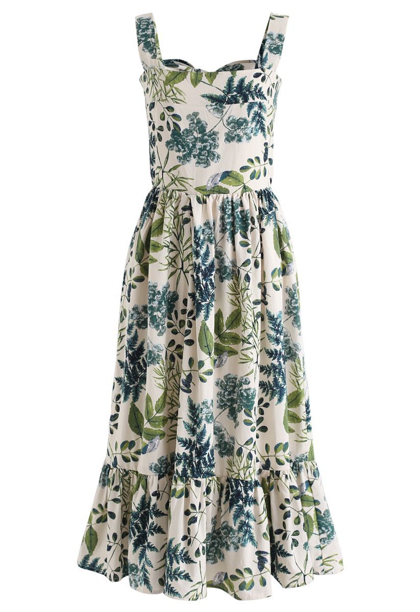 Natural Leaves Printed Linen-Blend Dress | Chicwish