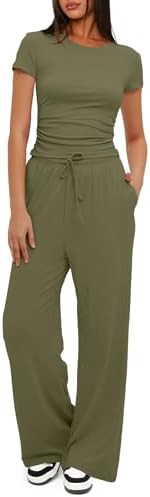 Darong Women's 2 Piece Set Outfits Lounge Sets Ruched Short Sleeve Tops High Waisted Wide Leg Pan... | Amazon (US)