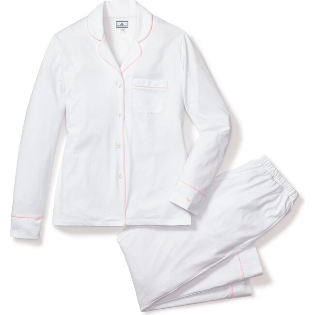 Petite Plume | Women's Pima Cotton Pajama Set, (White w/ Pink Piping, Size X-Large) | Maisonette | Maisonette