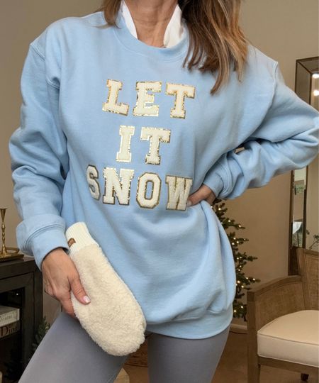 -Let it snow sweatshirt is thick and warm I oversized to sz M
-White button up SZ M
-Ugg Warm mittens and headband 
-leggings are thick and warm. Sz XS

#LTKover40 #LTKstyletip #LTKHoliday