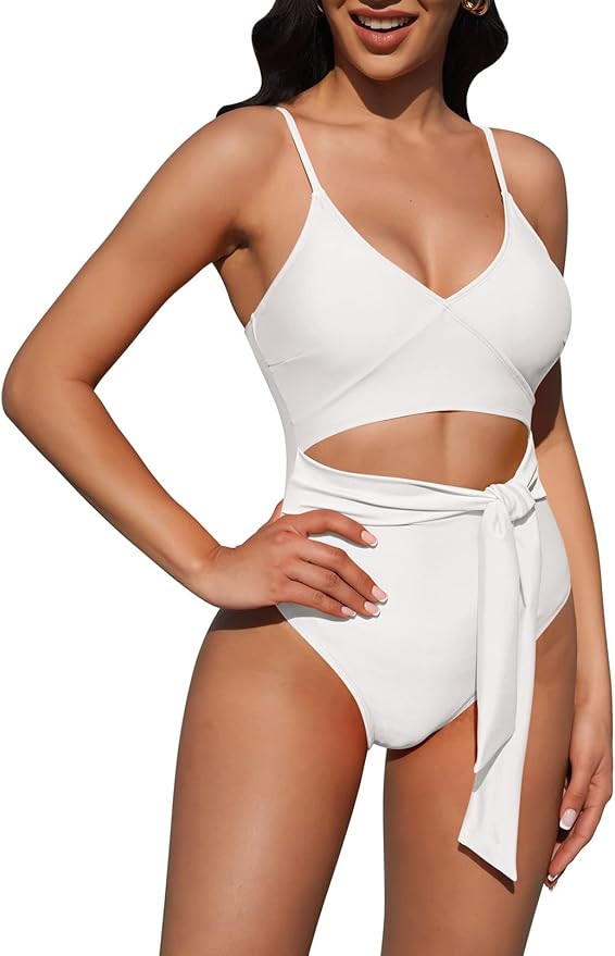 Pink Queen Women's One Piece Swimsuit Wrap V Neck Cutout Tie Knot High Cut Tummy Control Bathing ... | Amazon (US)