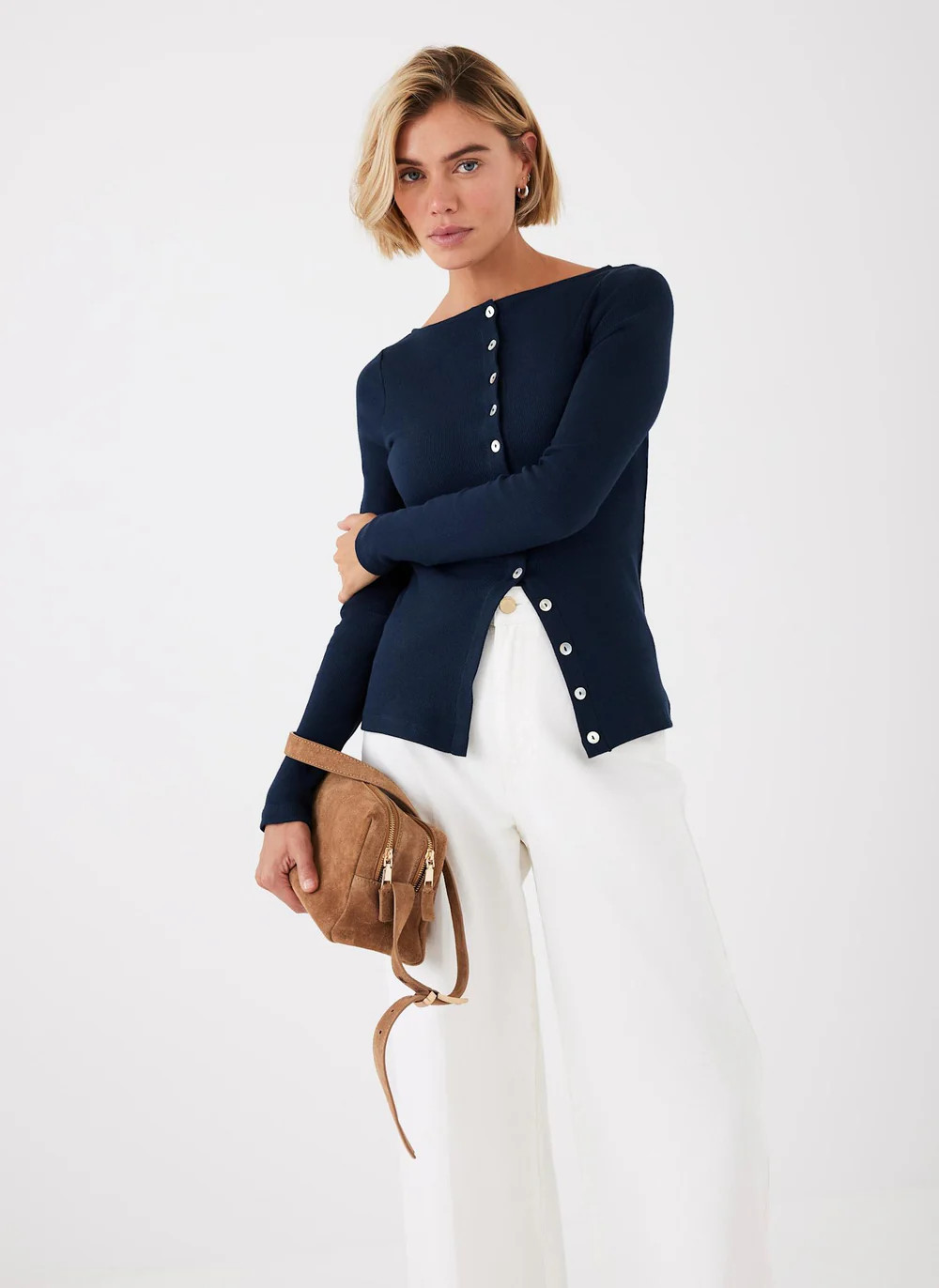 Navy Cotton Blend Button Detail Top | Mint Velvet - US