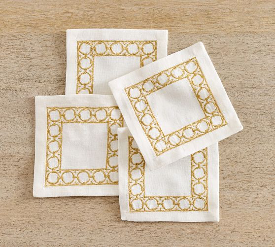 Gold Tile Cotton/Linen Cocktail Coasters - Set of 4 | Pottery Barn (US)