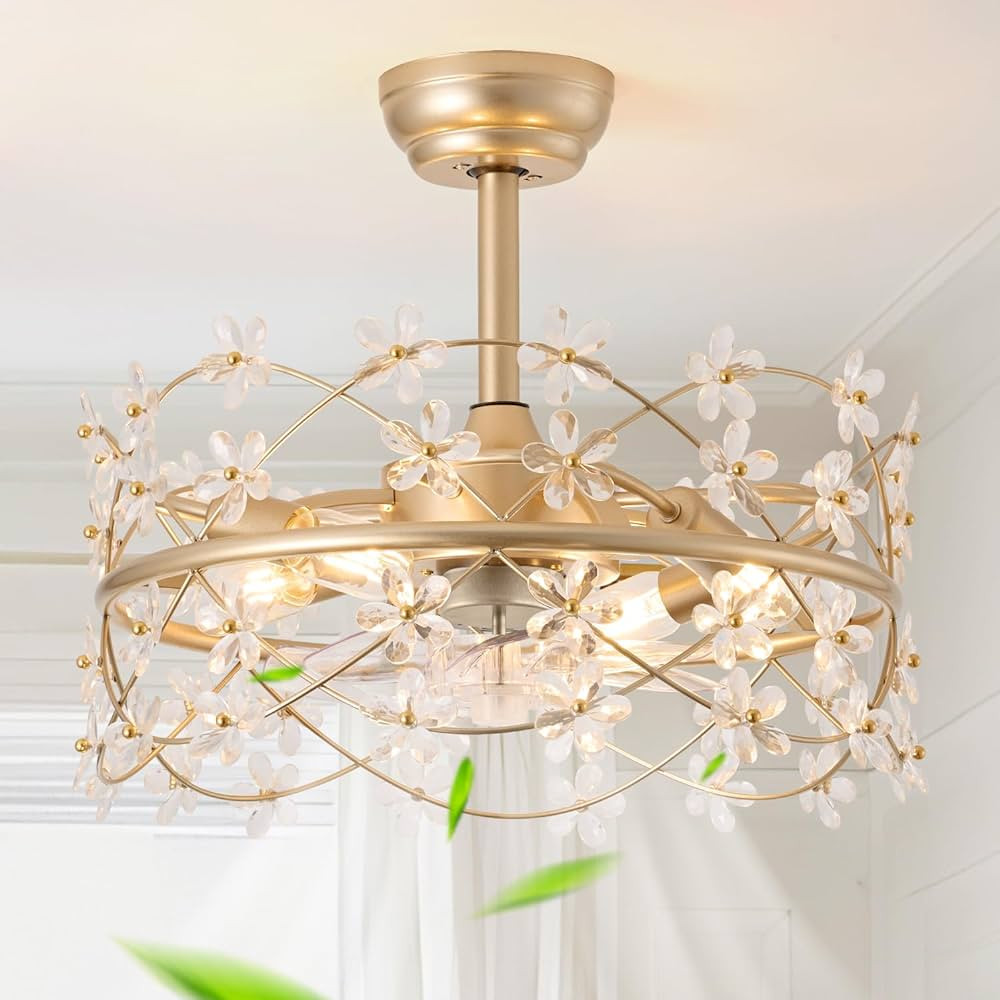 20 Inch Gold Caged Ceiling Fan with Light, Flower Chandelier Ceiling Fan with Lights Remote Contr... | Amazon (US)