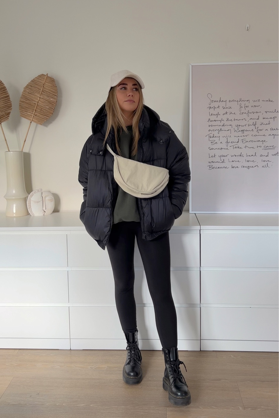 Puffer jacket outfit inspiration with adanola sweatshirt and black leggings, styled with the perfect slouched bag and dr marten Jadon boots for an easy casual winter outfit 

#LTKeurope #LTKstyletip