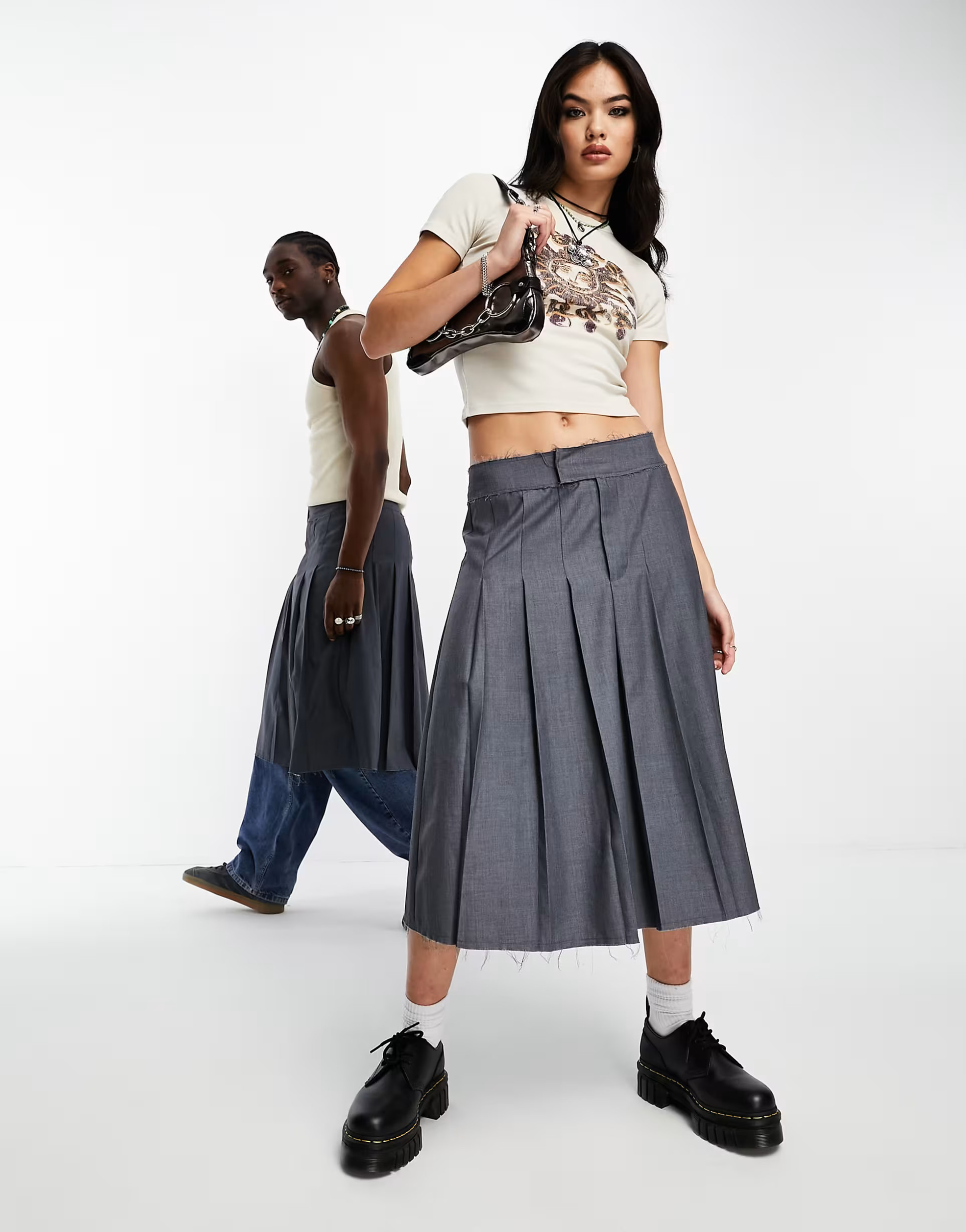 Reclaimed Vintage genderless midi pleated skirt in grey | ASOS (Global)