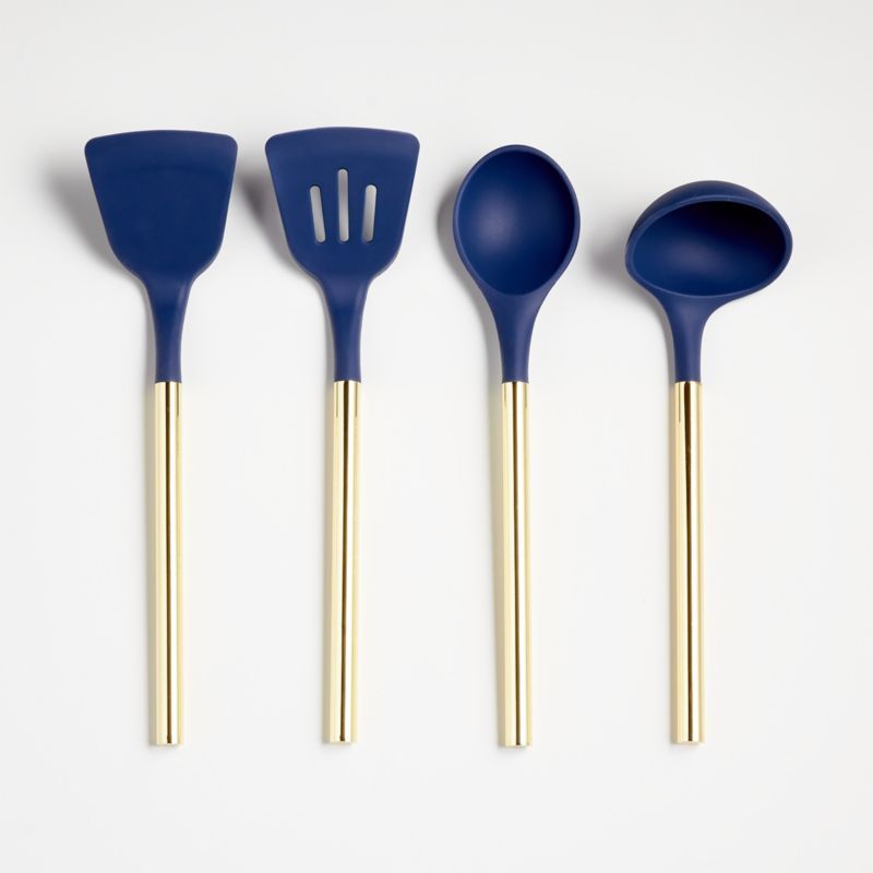 Wyn Blue Silicone Utensils with Brass Handles, Set of 4 | Crate and Barrel | Crate & Barrel