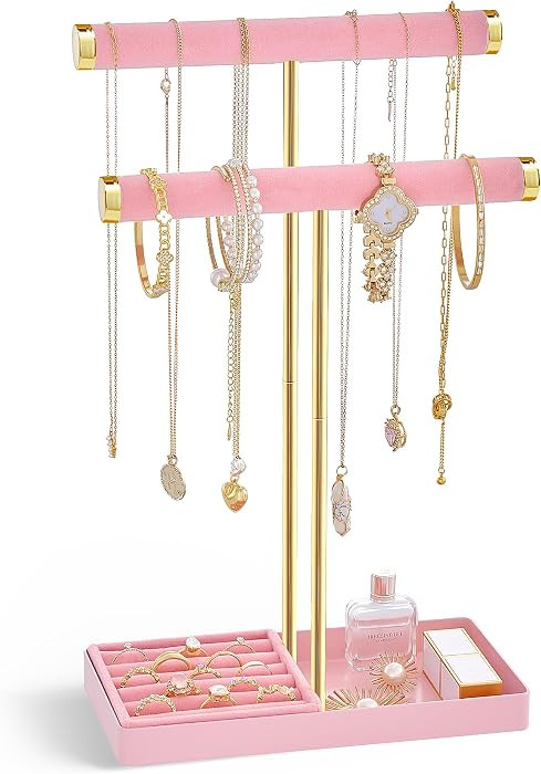 Lolalet 2-Tier Necklace Holder Display, Velvet Wrapped Jewelry Organizer with Removable Ring Tray... | Amazon (US)