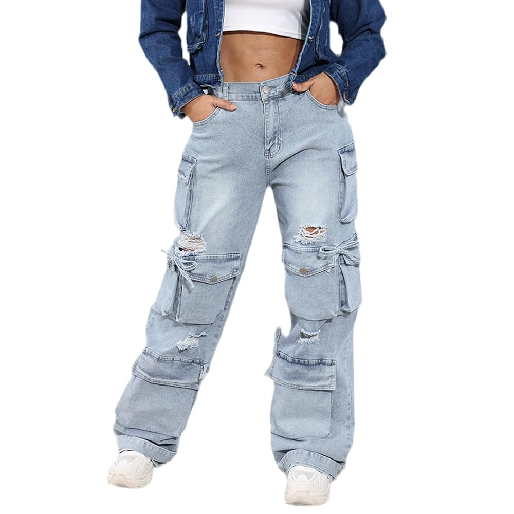 ThusFar Women's High Waist Baggy Jeans Flap Pocket Cargo Pants Loose Denim Pants Streetwear | Amazon (US)