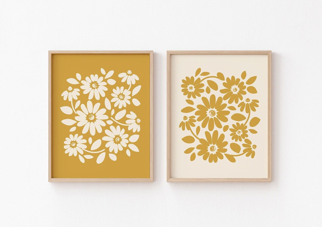 Mustard Floral Wall Art, Modern Boho Botanical Decor, Yellow Flower Digital Print Set, Minimalist... | Etsy (US)