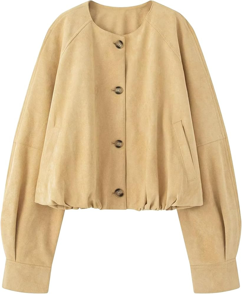 Ainangua Women's Faux Suede Button Bomber Jacket Oversized Gathered Hem Short Coat Casual Cropped... | Amazon (US)