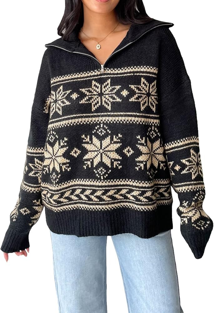 Women's Half Zip Knit Pullover Sweaters Snowflake Print Long Sleeve Fall Sweaters Jumper Top Xmas... | Amazon (US)