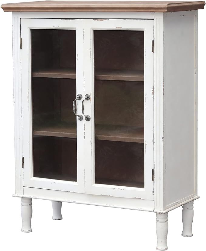 Farmhouse Wood Cabinet with 2 Glass Doors and 3 Shelves, Distressed White and Natural Wood Storag... | Amazon (US)