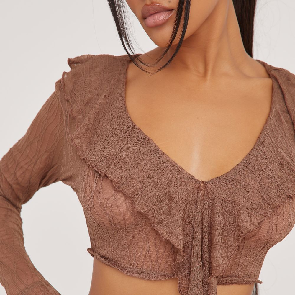 Long Sleeve Plunge Frill Hem Drape Detail Crop Top In Brown Textured | EGO (UK)