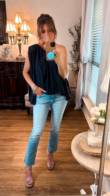 Free People one-shoulder Top, wearing size small.  Mother jeans, wearing size 27.  They do have stretch! 

#LTKstyletip #LTKover40 #LTKFind