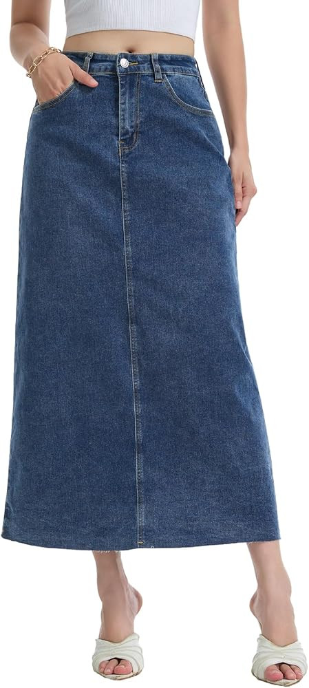 MISS MOLY Women's Jean Skirt Stretch High Waisted Frayed Raw Hem A Line Denim Midi Skirt with Poc... | Amazon (US)