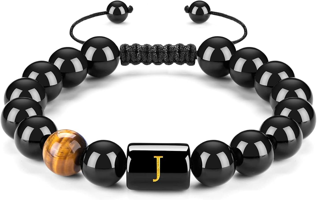 FRG Initials Bracelets for Men Letter Link Handmade Natural Black Onyx Tiger Eye Stone Beads Brai... | Amazon (US)