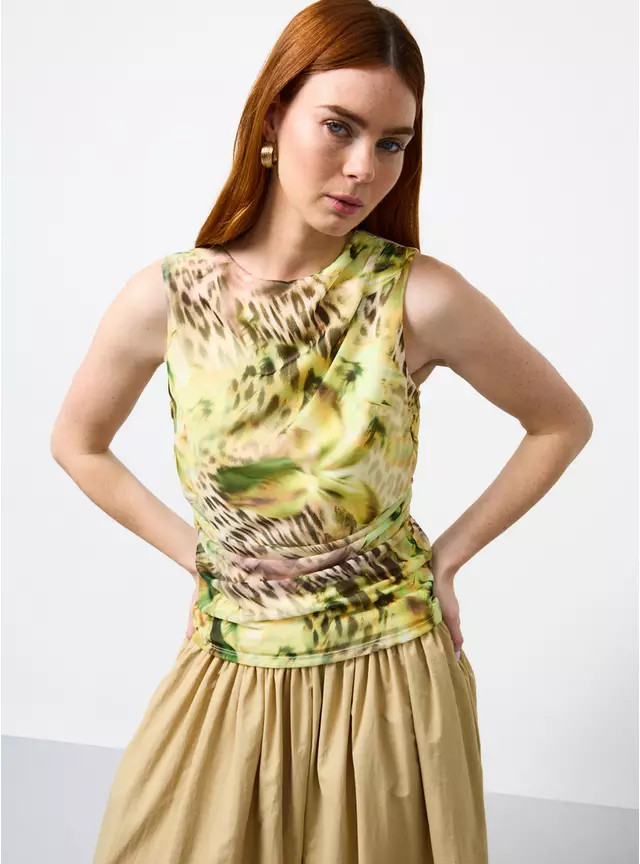 Buy Yellow Animal Print Sleeveless Ruched Top 16 | Tops | Tu | Tu Clothing