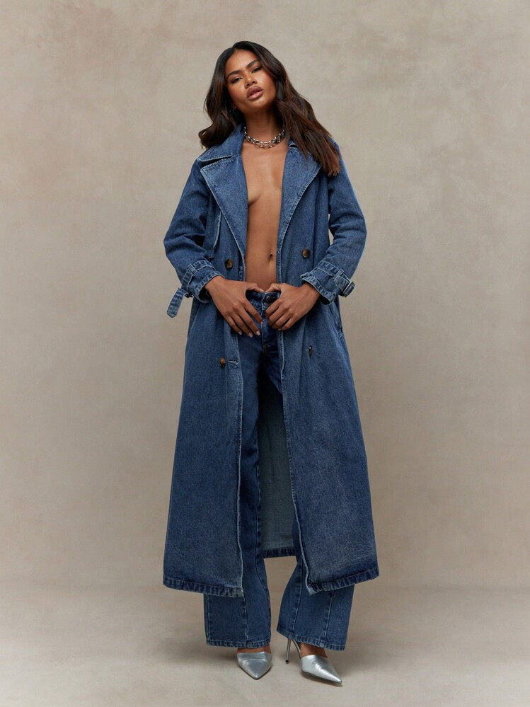MISSGUIDED Double Breasted Lapel Collar Denim Trench Coat | SHEIN