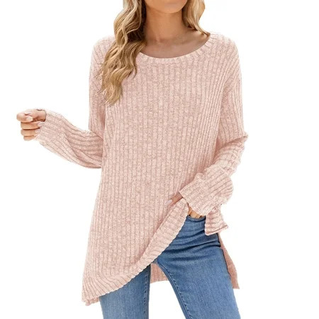 Beugl Womens Sweaters Clearance Long Sleeve Shirts for Lady Loose Fit Casual Crewneck Tunic Tops Fall Fashion Pullover Sweaters Side Split Graphic Hoodies Sweater for Women Pink XXL | Walmart (US)