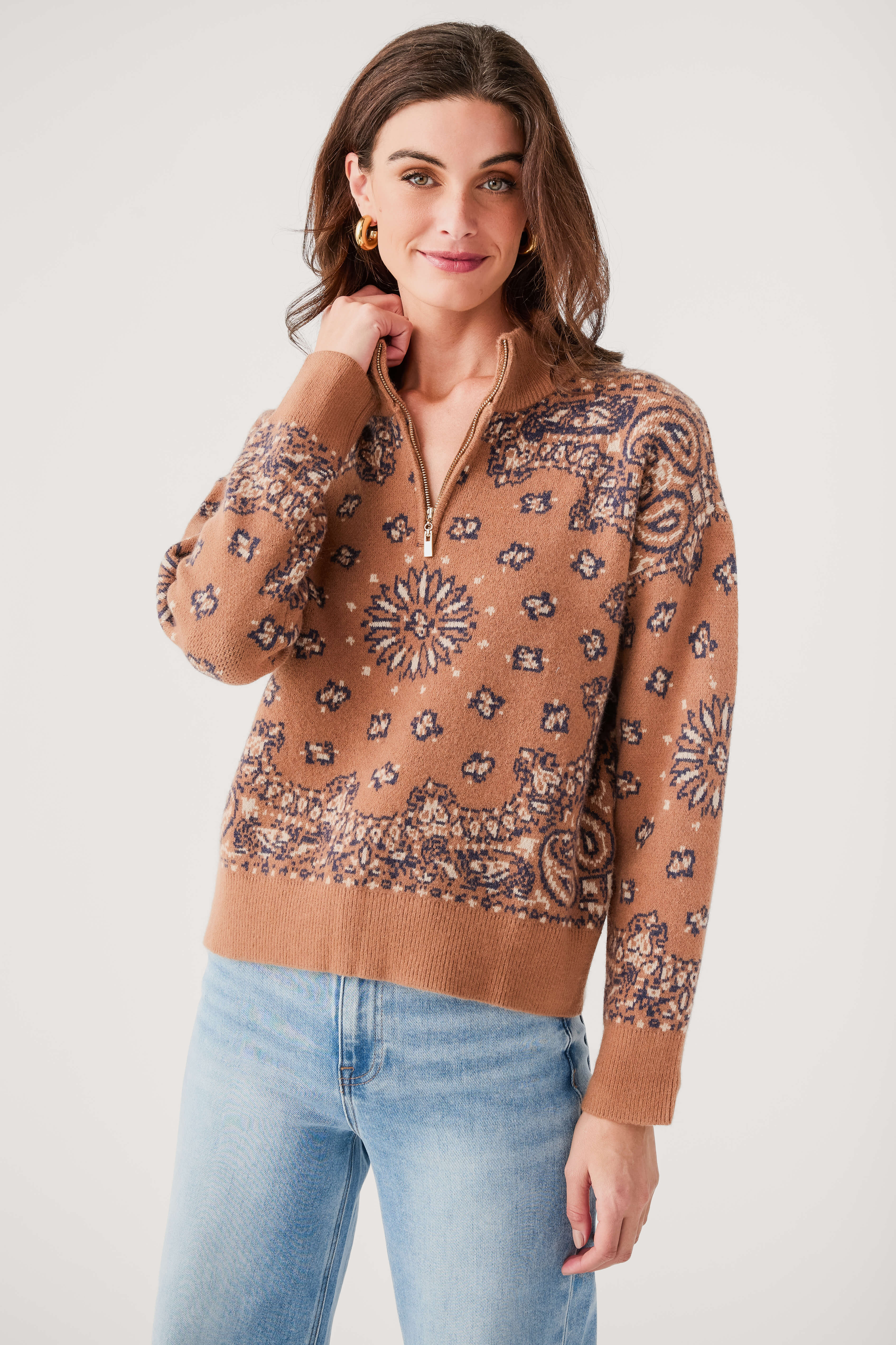 Current Air Bandana Print 1/4 Zip Sweater | Social Threads