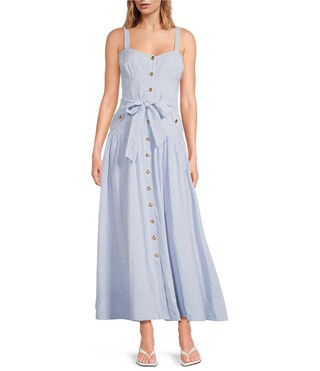 Linen Stripe Sweetheart Neck Tank Strap Button Front Tie Drop Waist Flounce A-Line Midi Dress | Dillard's