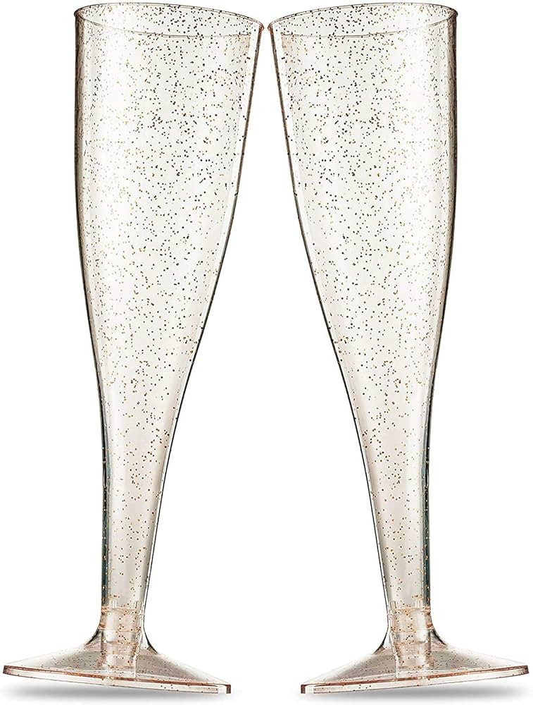 100 Plastic Champagne Flutes - Disposable Champagne Flute - Gold Glitter Plastic Champagne Glasse... | Amazon (US)