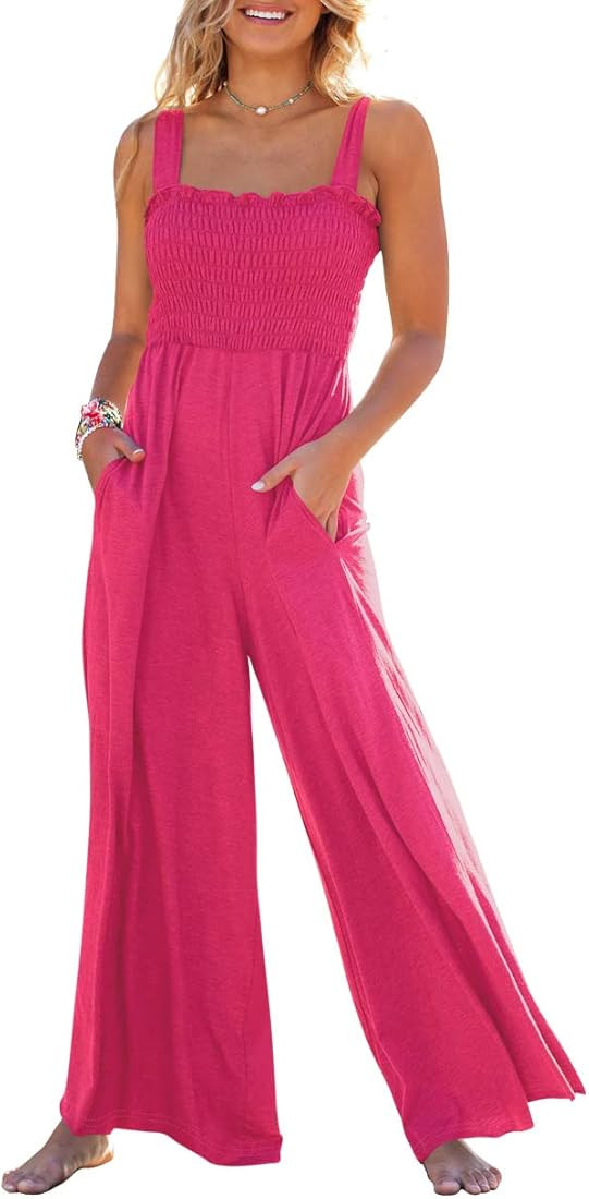 Caracilia Womens Casual Loose Sleeveless Tank Jumpsuits Square Collar Smocked Wide Leg Jumpsuit R... | Amazon (US)