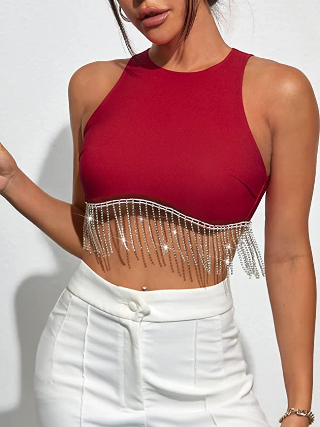 Milumia Women Rhinestone Fringe Zip Back Sleeveless Round Neck Fitted Crop Tank Tops | Amazon (US)