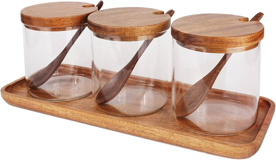3 PCS Clear Glass Condiment Canisters Pots Set with Wooden Spoon Lid and Base Decorative Storage ... | Amazon (US)