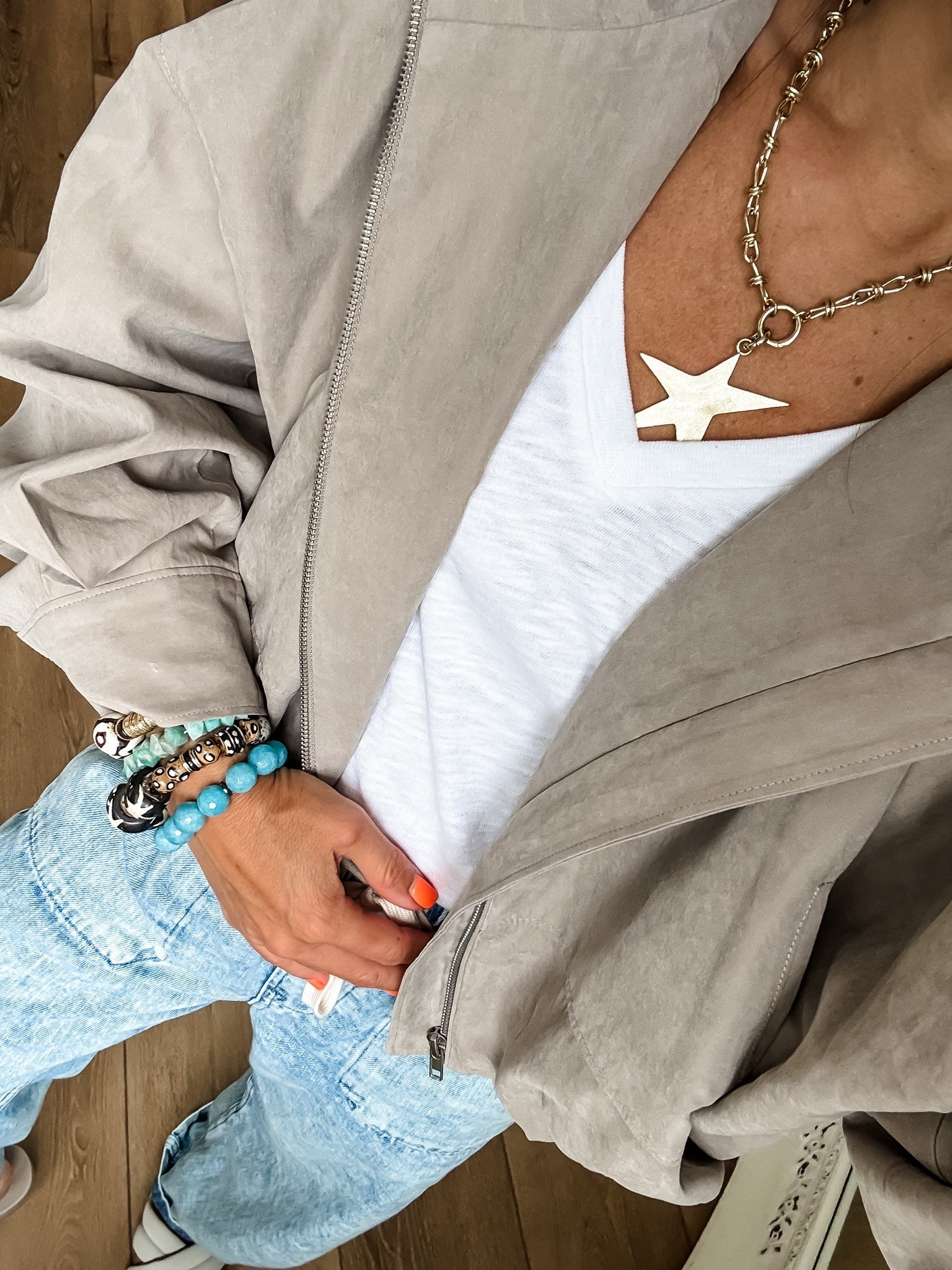 Jewelry code HOUSEOFLEO30 or HOUSEOFLEO20. Small jacket. Star necklace. Beaded bracelets.

#LTKOver40 #LTKSaleAlert