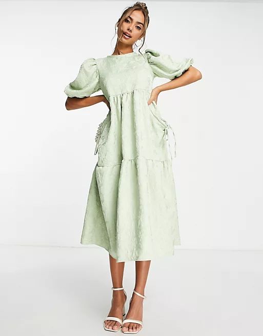 ASOS DESIGN jacquard tiered midi dress with bellow pockets in sage green  | ASOS | ASOS (Global)