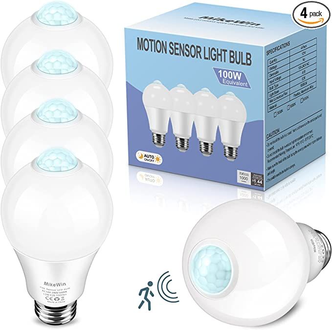 MikeWin Motion Sensor Light Bulbs Outdoor 4 Packs 12W(100W Equivalent) Security LED Bulb, Indoor ... | Amazon (US)