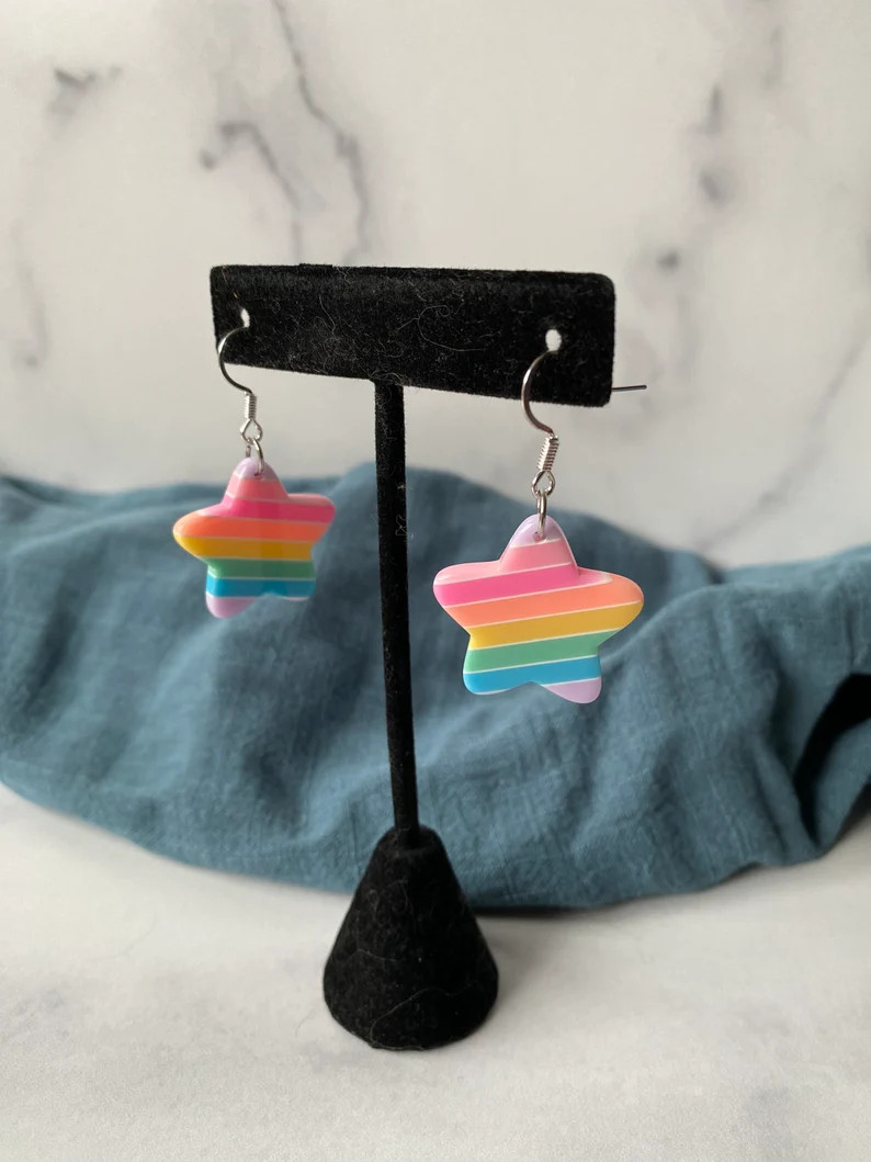 Pastel Rainbow Striped Resin Star Dangle Earrings | Etsy (Global)