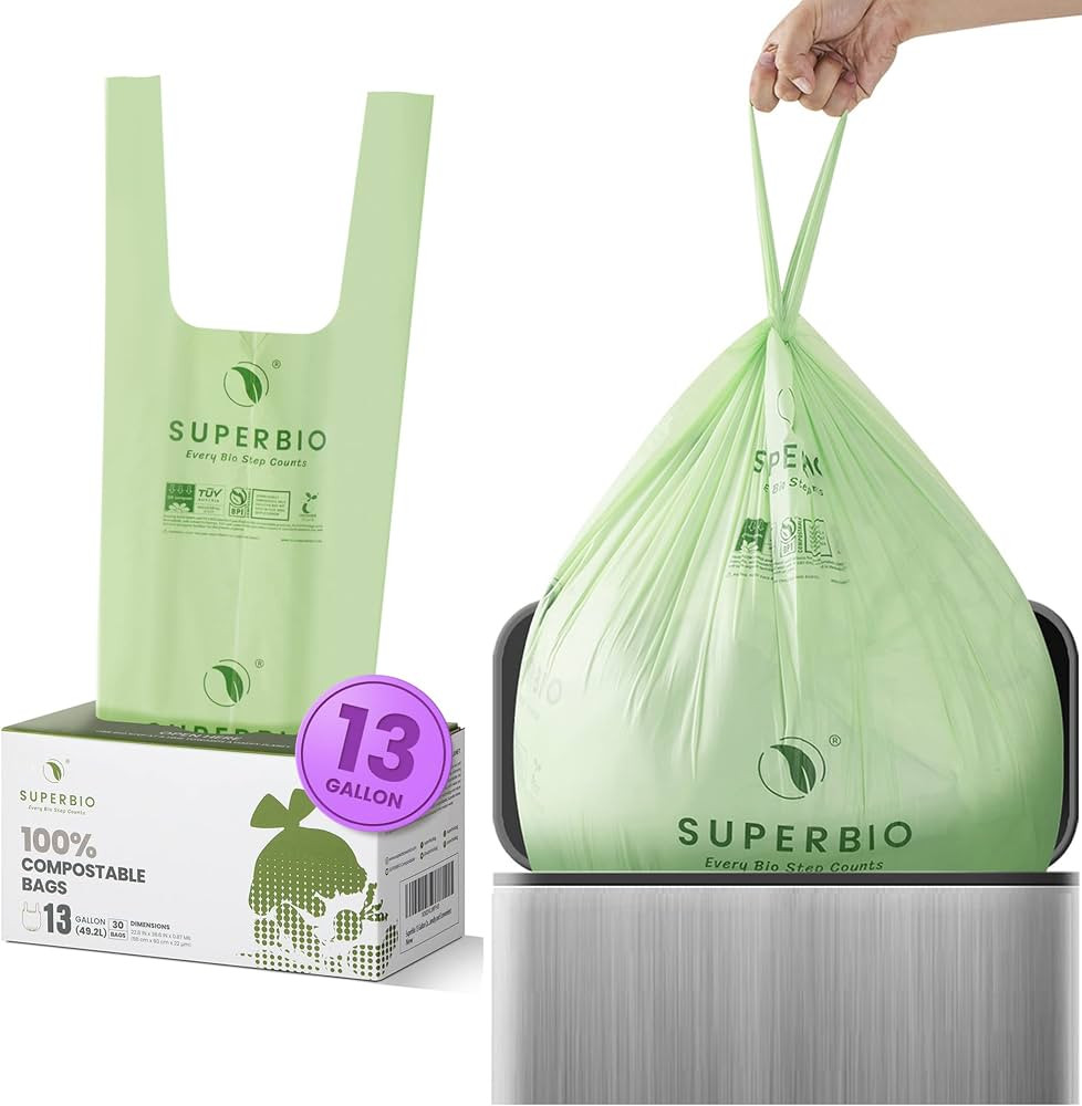 SUPERBIO 13 Gallon Compostable Handle Tie Tall Kitchen Garbage Bags, Heavy Duty Food Scrap Trash ... | Amazon (US)