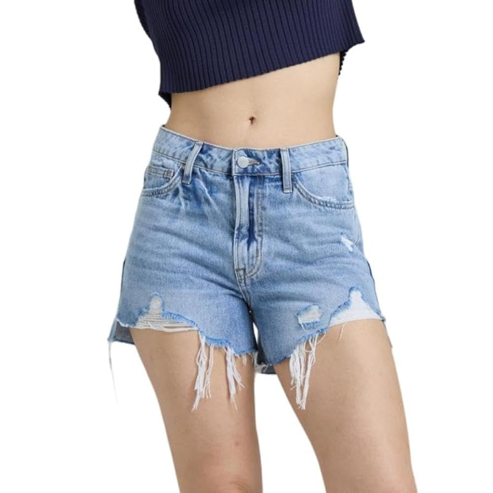 Women's High Rise Denim Shorts Mid Waisted Stretchy Ripped Jean Shorts with Pockets Raw Hem Distr... | Amazon (US)