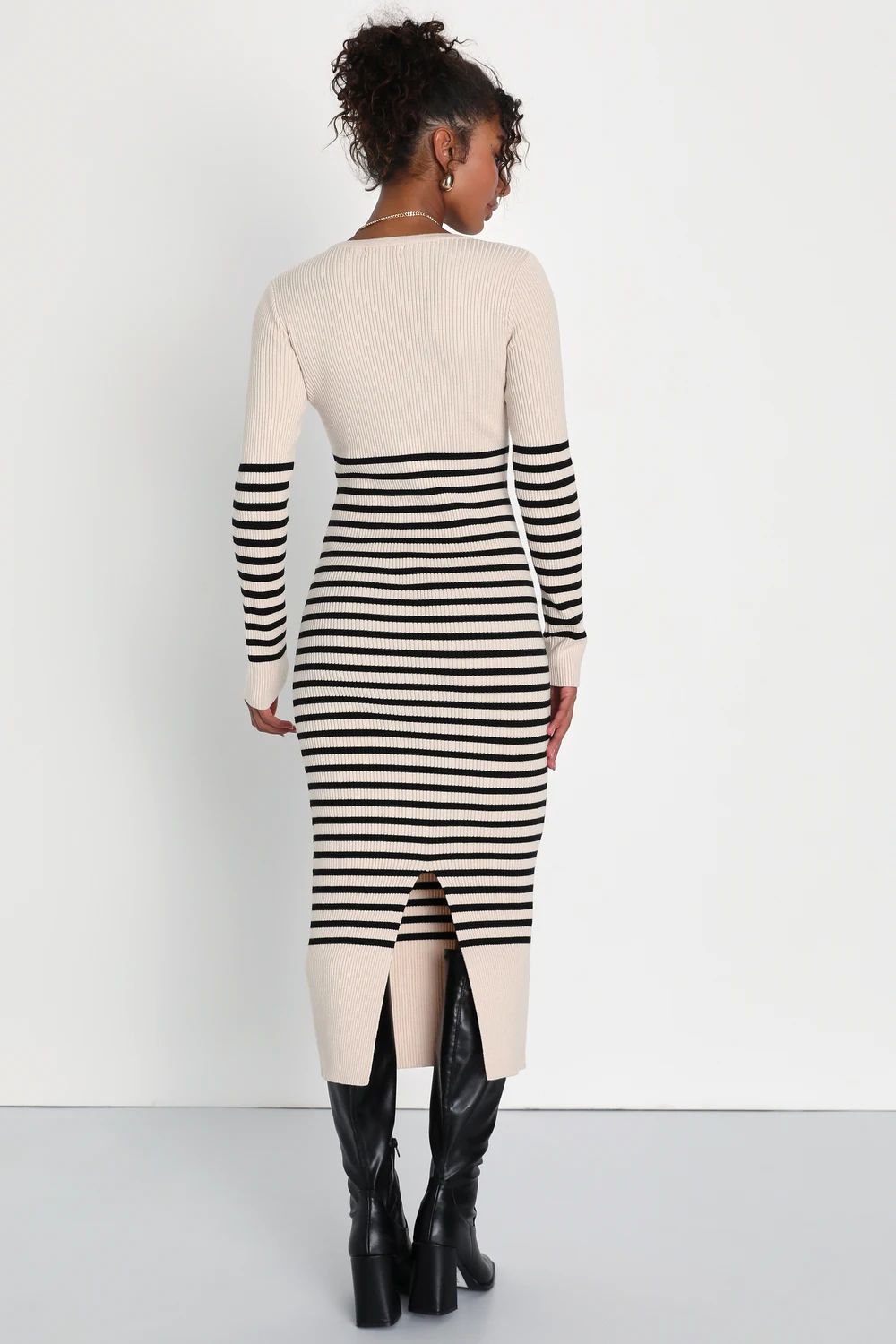 Upgraded Comfort Cream and Black Striped Midi Sweater Dress | Lulus (US)