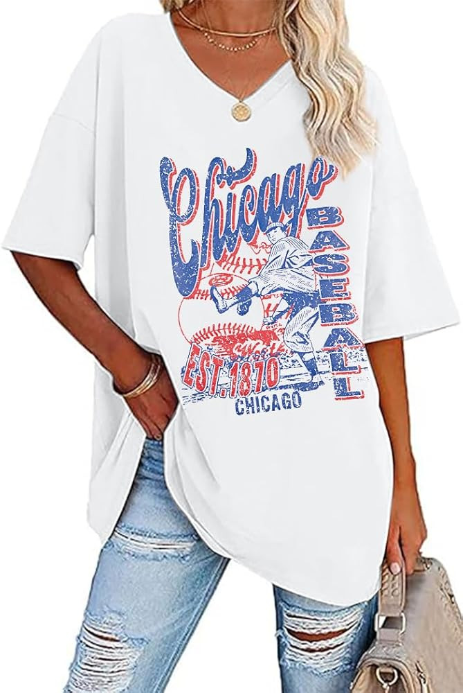 Oversized Chicago Baseball Shirt Women Baseball Mama Tops Chicago Fan V Neck Short Sleeve Shirt | Amazon (US)