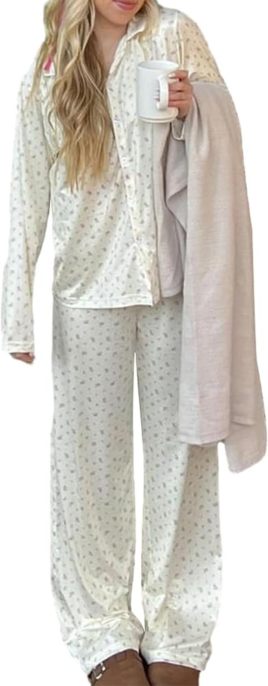 Women 2 Piece Floral Pajama Set Button Down Long Sleeve Wide Leg Fruit Set Cute Pjs Y2K Loungewea... | Amazon (US)