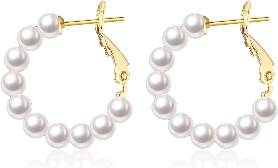CERSLIMO Pearl Hoop Earrings for Women - 3 Pairs 14K Gold Plated Pearl Hoop Earrings Set, S925 St... | Amazon (US)