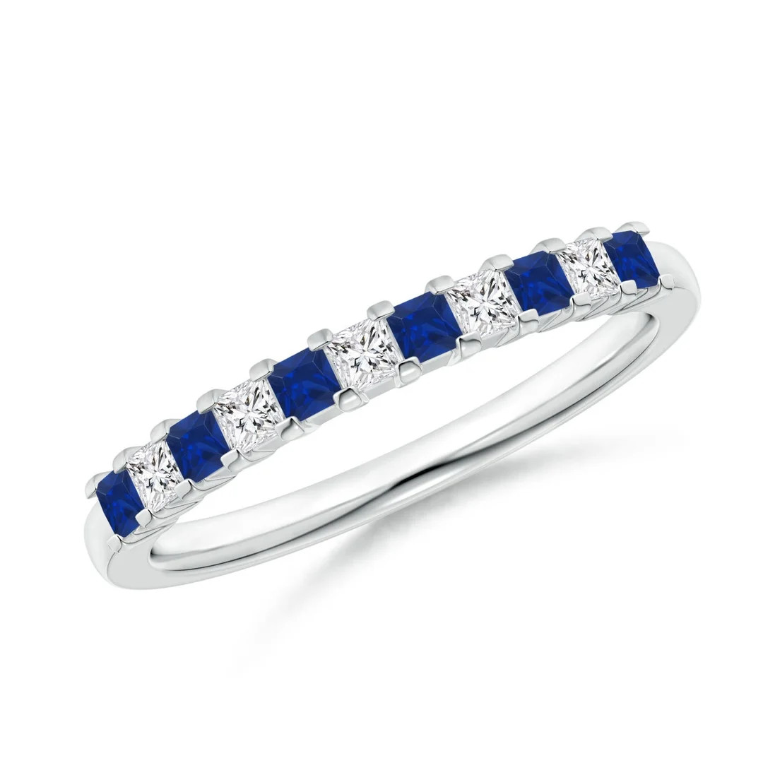 Blue Sapphire and Diamond Semi Eternity Classic Wedding Ring | Angara Inc.