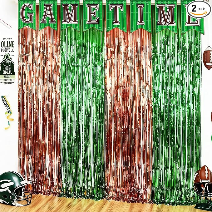 Football Party Decorations for Super Game Bowl 2026 - Green Brown Tinsel Streamers Backdrop Banne... | Amazon (US)