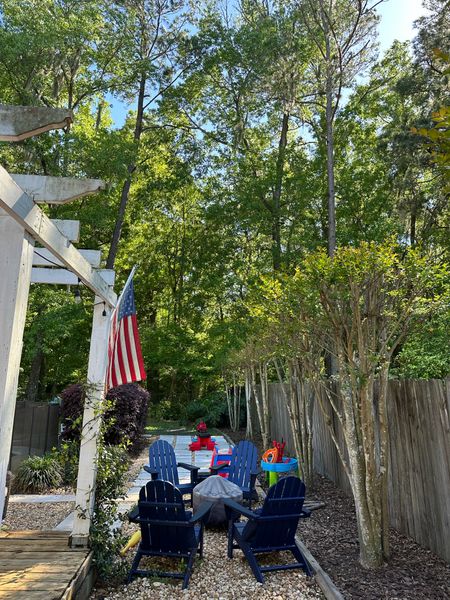 Our spring backyard - toddler toys & all. Our polywood Adirondack chairs in navy are our favorite!! Also our tiki brand fire smokeless fire pit! Little tikes slide & roller coaster train toy  

#LTKtravel #LTKkids #LTKhome
