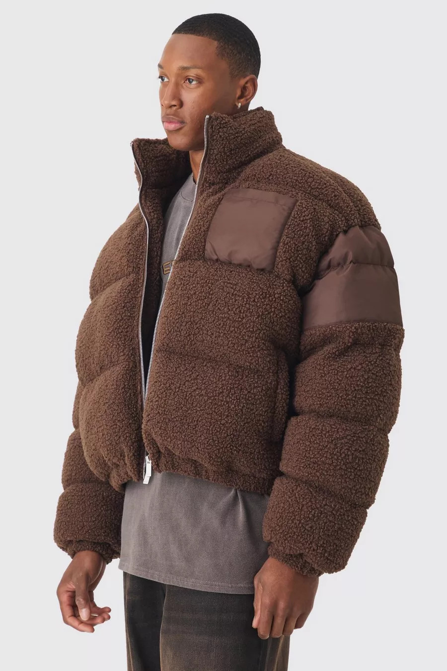 Borg & Nylon Funnel Neck Puffer In Chocolate | boohoo (US & Canada)