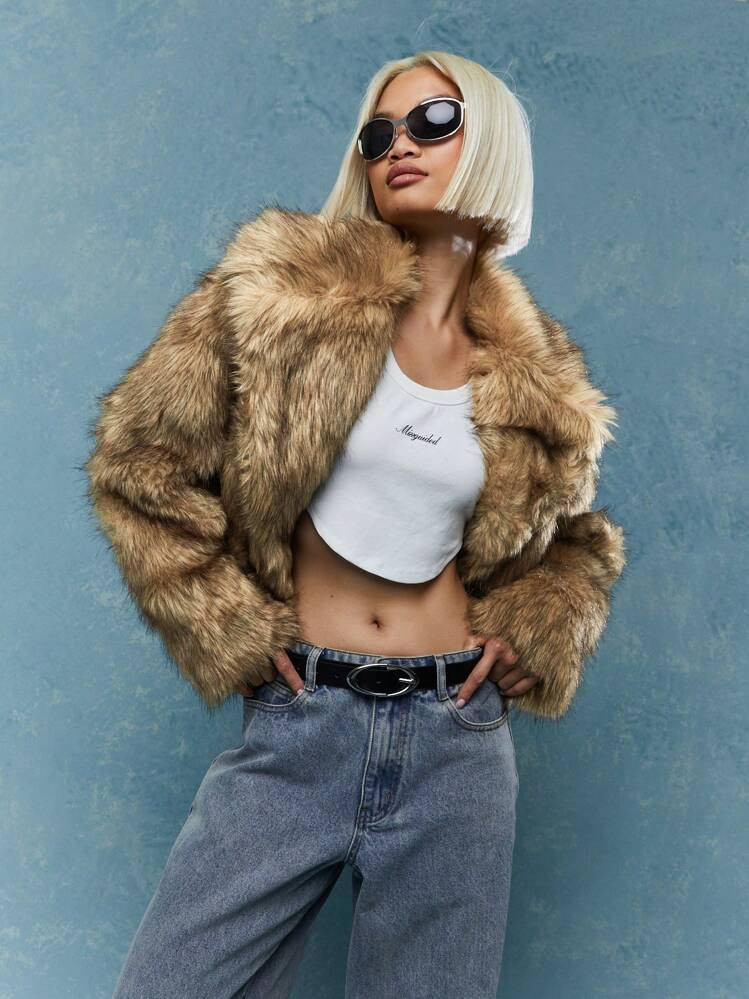 MISSGUIDED Long Collar Fluffy Crop Jacket Winter Wear | SHEIN