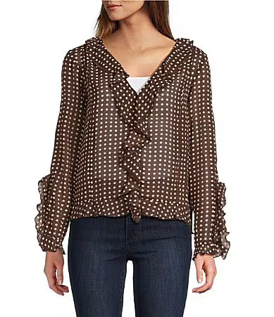 Lucy Paris Liza Dotted Woven Ruffle V-Neck Long Sleeve Top - S | Dillard's