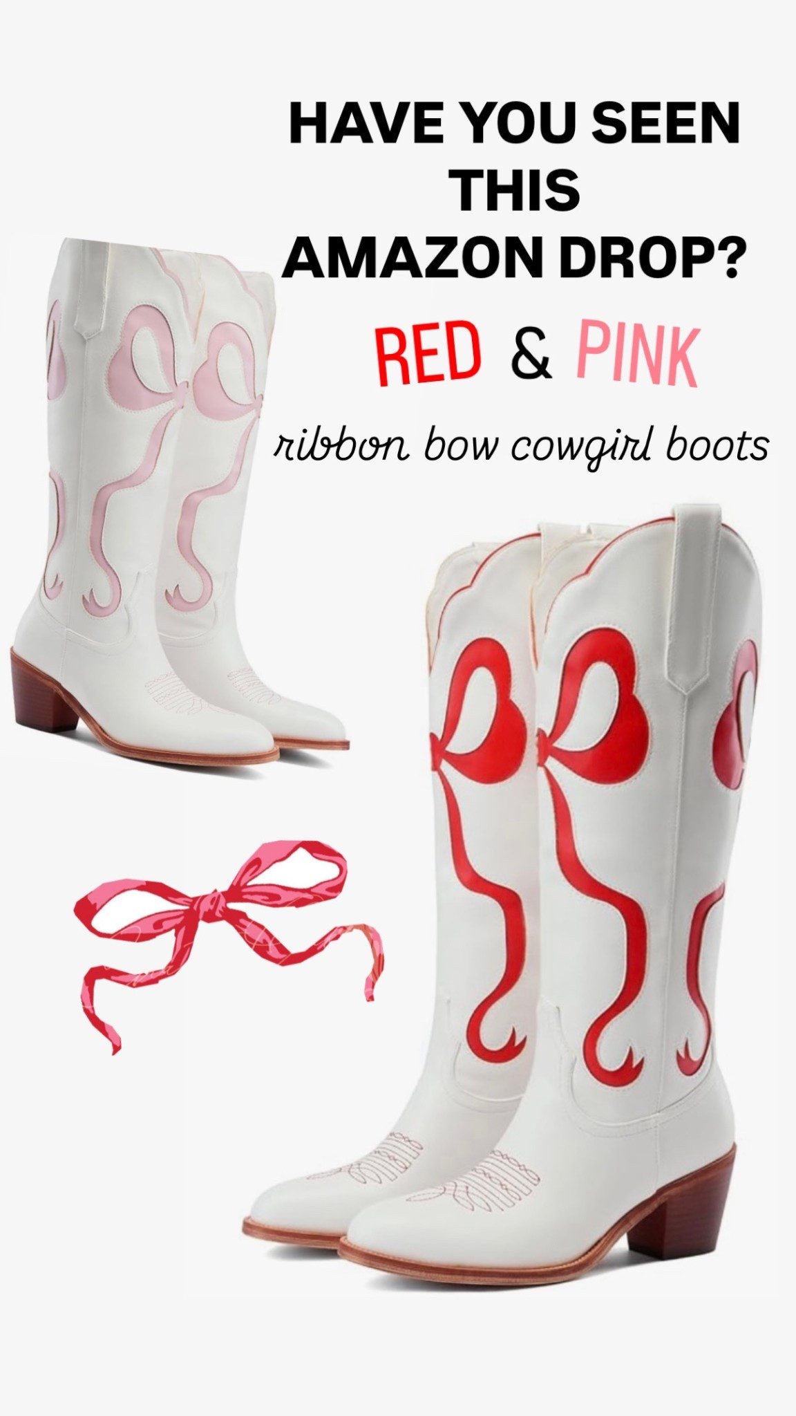 Cowboy boots with adorable ribbon bow detail? It’s like 2 of my opposite styles in one shoe 🎀 
I’m freaking obsessed with these. They’re so unique and would be perfect to go with any Valentine’s Day outfit 🫶🏼 
- sparkly pink, blue, & black options available as well!

#WomensShoes #GirlsBoots #Western #cowboyboots #cowgirlboots #bows #ValentinesDayOutfitGirls #WomensValentinesDayOutfit

#LTKSeasonal #LTKSaleAlert